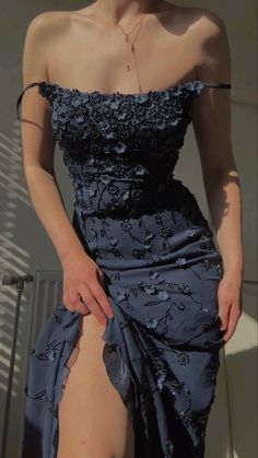 Hoco Dresses Fairy, Midnight Dress Gowns, Midnight Garden Prom Dress, Dark Cottagecore Prom Dress, Navy Blue Prom Dress Aesthetic, Vintage Blue Dress Aesthetic, Fairy Hoco Dress, Blue Silk Dress Outfit, Different Dress Necklines