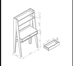 a drawing of a wooden chair next to a shelf with drawers on it and a drawer underneath