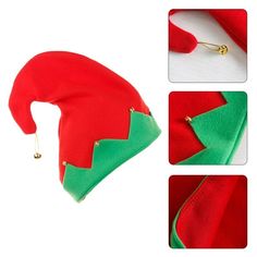 the elf's hat is red and green with gold trimmings on it