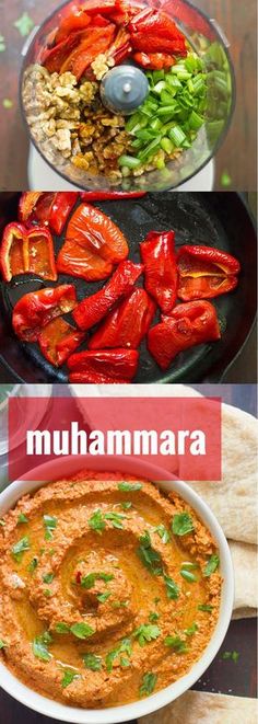 different types of food are shown in this collage with the words muhamara