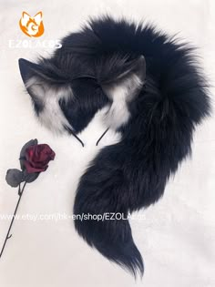 a black and white cat laying next to a red rose on top of snow covered ground