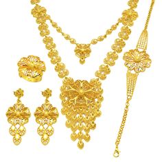 Gold Plated Flower Shaped Necklaces, Gold Flower Shaped Jewelry Sets For Formal Occasions, Gold Flower-shaped Jewelry Sets For Formal Occasions, Gold Flower Shaped Jewelry Sets For Wedding, Gold Flower Shaped Jewelry For Formal Occasions, Gold-plated Flower-shaped Jewelry, Gold Flower-shaped Jewelry For Jewelry Making, Yellow Gold Plated Flower-shaped Jewelry, Gold Long Necklace Set