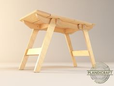 a wooden table with a chair underneath it and a stamp on the bottom that says planticaraft