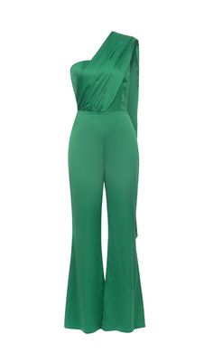 SATIN STRAP JUMPSUIT IN GREEN Green Summer Evening Jumpsuits And Rompers, Solid Satin Jumpsuits And Rompers For Night Out, Elegant Green Strapless Jumpsuit For Night Out, Green Overall Jumpsuits And Rompers For Party, Spring Satin Jumpsuits And Rompers In Solid Color, Satin Corset Dress, Straps Jumpsuit, Fabric Construction, Mermaid Inspired