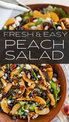 fresh and easy peach salad in a wooden bowl