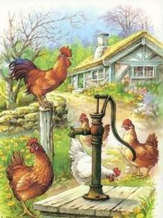 a painting of chickens drinking from a faucet in front of a farm house