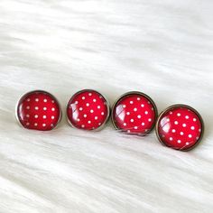 Glass cabochon size: 12mm/0.5 inches Please note that colors may vary slightly on your device or monitor. If you want something different, check out my other earring base: https://faeriedecor.etsy.com/listing/1725531212/polka-dot-earrings-bright-color *Earring Care: - Avoid contact with water, perfume and other chemicals - Take jewelry off when showering, exercising, cleaning, etc - Use soft jewelry bag to store your pieces Due to hygiene concerns, we do NOT accept returns or perform exchanges. But please contact me if you have any problems with your order. Thank you! Reminder: This is NOT a toy and should not be given to young children as a toy. These earrings are NOT INTENDED for the use of anyone under the age of 18. Once an order is given to USPS, we can no longer be held responsible f Retro Nickel Free Jewelry For Gifts, Cute Round Red Jewelry, Cute Red Round Jewelry, Retro Earrings For Valentine's Day Gift, Adjustable Retro Round Earrings, Retro Cabochon Jewelry, Red Cabochon Earrings Perfect For Gifts, Retro Red Earrings For Gift, Retro Round Cabochon Jewelry