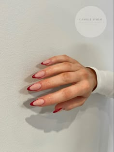 Red almond french French Red Almond Nails, Red Tip Gel Nails, Red Tips Almond Nails, Red French Tip Nails Almond Design, Burgundy French Tip Almond, Almond Shape Red French Tip, Almond Nails With Red French Tip, Almond Short Nail Designs, Short Dark Red Almond Nails