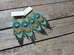 Peacock Beaded Fringe Earrings, Peacock Feather Beaded Earrings, Peacock Seed Bead Earrings, Peacock Fringe Earrings, Peacock Beaded Earrings, Bead Fringe Earrings, Long Beaded Earrings, Silver Bead Earrings, Peacock Feather Earrings