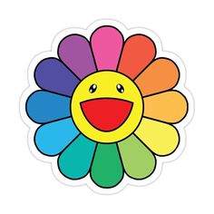 a rainbow colored flower sticker with a smiley face on the center and bottom corner