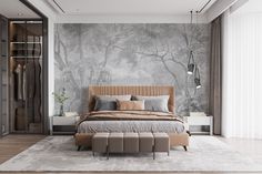 a bedroom with a large bed in front of a wall mural