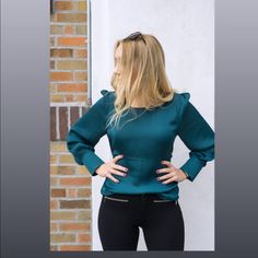 Long Sleeve Blouse Blue Stretch Blouse For Office, Stretch Blue Office Blouse, Blue Stretch Tops For Office, Chic Blue Padded Blouse, Chic Office Blouse With Fitted Top, Chic Fitted Blouse For Office, Chic Fitted Office Blouse, Blue Stretch Blouse For Work, Blue Stretch Blouse For Workwear