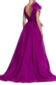 Extravagance Purple Ruffled Evening Dress Prom Dresses Tulle, Purple Gown, Empire Waist Tops, Dresses Tulle, A Line Prom Dresses, Gothic Dress, Tulle Prom Dress, Flower Applique, Crop Top Blouse