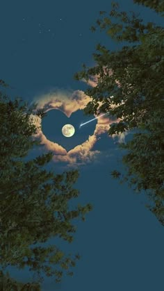 a heart shaped object in the sky with trees around it and clouds behind it at night