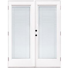 a white double door with blinds on the top and side panels, in front of a white background