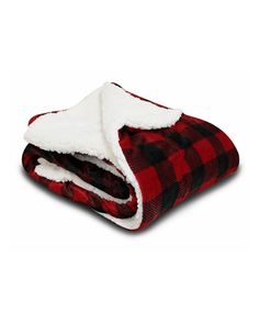 a red and black plaid blanket with white sherpam