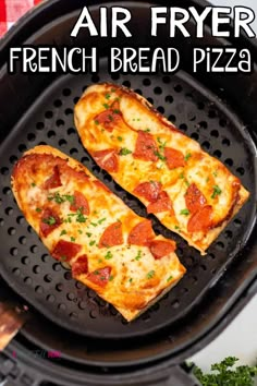 air fryer french bread pizza with pepperoni and cheese on top in an air fryer