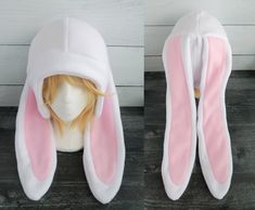 two photos of a white and pink bunny ears hat on a mannequin's head