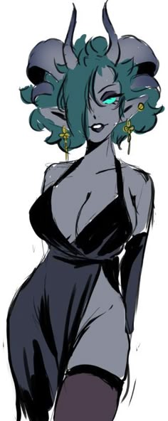 a drawing of a woman with horns on her head and green hair, wearing a black dress