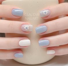 Pretty Nail Art For Short Nails, Nail Model 2024, White And Light Blue Nail Designs, Short Gel Nails With Flowers, Simple Gel Nails Blue, Nail Blue Pastel, လက်သည်းဒီဇိုင်း Cute, Nail Art Korean Style Trends, Sheer Blue Nails