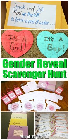 some paper hearts with writing on them and the words gender reveal scavenger hunt