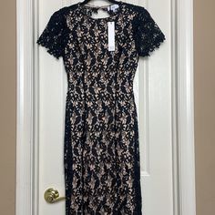 Nsr Black Lace Dress Nwt Elegant Short Sleeve Lace Dress For Night Out, Lbd Dress, Black Lace Midi Dress, Black Lace Shorts, Crochet Lace Dress, Coral Dress, Tiered Midi Dress, Midi Short Sleeve Dress, Floral Blue Dress