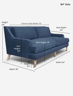 a blue couch with measurements for the seat height