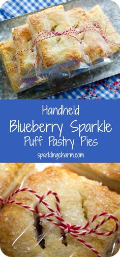 blueberry sprinkle puff pastry pies with red and white string wrapped around them