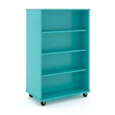 a blue bookcase with four shelves and wheels on the bottom shelf is shown in front of a white background