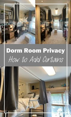 a collage of photos showing how to create private spaces around dorm room beds