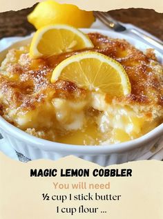 a bowl filled with lemon cobbler on top of a table