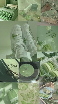 a collage of photos with green and white items in them, including an old typewriter