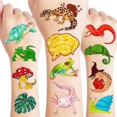 several different types of tattoos on the arms and legs, including lizards, geckos,