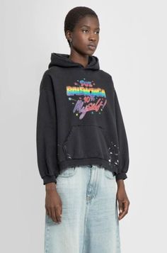 This is a black Balenciaga 90/10 Hoodie in size large.  Pit to pit is 26" Sleeve to shoulder is 20" Shoulder to shoulder is 23.5" Back length is 23.5" - black - washed-effect jersey - paint-mark prints - hood with drawstrings - front 90/10 artwork print - kangaroo pocket O Balenciaga Sweatshirt, Distressed Hoodie, Black Balenciaga, Workout Hoodie, Shop Sweatshirts, Hoodie Sweater, Black Hoodie, Logo Print, Kangaroo Pocket