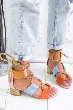 Rope Lace Up Color Block Sandals 5-Purple