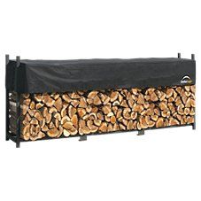 a firewood rack with logs stacked on each side and cover over the top for storage