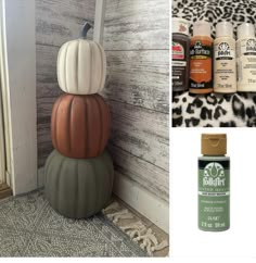 two pictures with different types of paint and some pumpkins