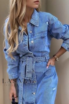 Lasaky - Refined Womens Slim Fit Denim Shirt Dress featuring a Sophisticated Turn-Down Collar and Single-Breasted Button Closure Vestiti In Jeans, Moda Denim, Spring Denim, Dress Sleeve Length, Collared Shirt Dress, Denim Shirt Dress, Long Sleeve Short Dress, Turndown Collar, Slim Dresses