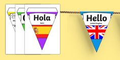 three pennants with the word hello written on them