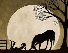 a painting of two people and a horse in front of a full moon with trees