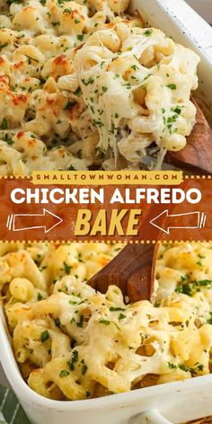 Easy to make the best comfort food recipe! This Chicken Alfredo Bake recipe features roasted chicken, homemade creamy alfredo sauce, and pasta. Topped with freshly grated Parmesan cheese and mozzarella cheese. Make this warm dinner idea that is oven-baked to melted perfection! Alfredo Bake Recipe, Chicken Alfredo Bake Recipe, Alfredo Casserole, Chicken Alfredo Casserole, Alfredo Bake, Creamy Alfredo Sauce, Chicken Alfredo Bake