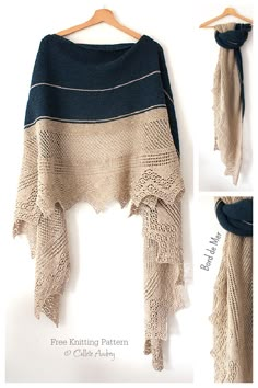 the shawl is knitted in two different colors and has fringes on it