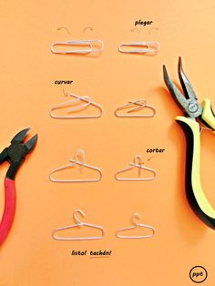 several pairs of scissors and wire hangers on an orange background with words describing how to use them