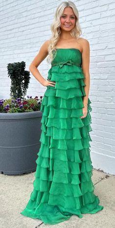 Flowy Ruffled Maxi Dress For Prom, Flowy Ruffled Maxi Dress For Prom Season, Party Strapless Ruffle Maxi Dress, Flowy Floor-length Prom Evening Dress, Chiffon Ruffle Maxi Dress For Prom, Chiffon Maxi Dress With Ruffles For Prom Season, Strapless Ruffled Evening Dress For Spring, Strapless Spring Evening Dress With Ruffles, Tiered Chiffon Prom Dress