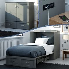 a collage of photos showing different types of beds and furniture in various rooms, including a bed with storage