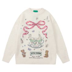 size: M, Color: Apricot Bow Cartoon, Fashion Process, Apricot Sweater, Fluffy Knit, Rabbit Print, Weave Style, Sleeves Clothing, Karate Kid, Round Neck Sweaters