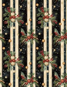 a black and white striped background with christmas decorations