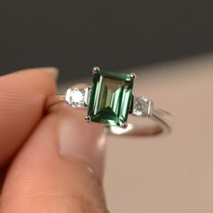 Teal Sapphire Ring Green Sapphire Ring Emerald Cut Sterling - Etsy Blue Green Ring, Silver And Emerald Ring, Three Stone Emerald Ring, Silver Ring With Green Stone, Green Sapphire Engagement Ring Silver, Emerald Silver Engagement Ring, Emerald Cut Sapphire Engagement Ring, Green Engagement Ring Silver, Emerald Engagement Ring Silver