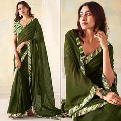 Mehendi Green colored saree is made from georgette fabric which is highlighted with beautiful weaving with fancy lace border & tassels as shown. comes along unstitched digital printed banglori silk blouse piece which you can customise as per your design/style. Occasion - You can buy this saree for party and functions. Note:- The actual product may differ slightly in color and design from the one illustrated in the images when compared with computer or mobile screen. Measurements: Saree : Georget