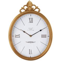 an ornate gold clock with roman numerals on the face and hands, isolated against a white background